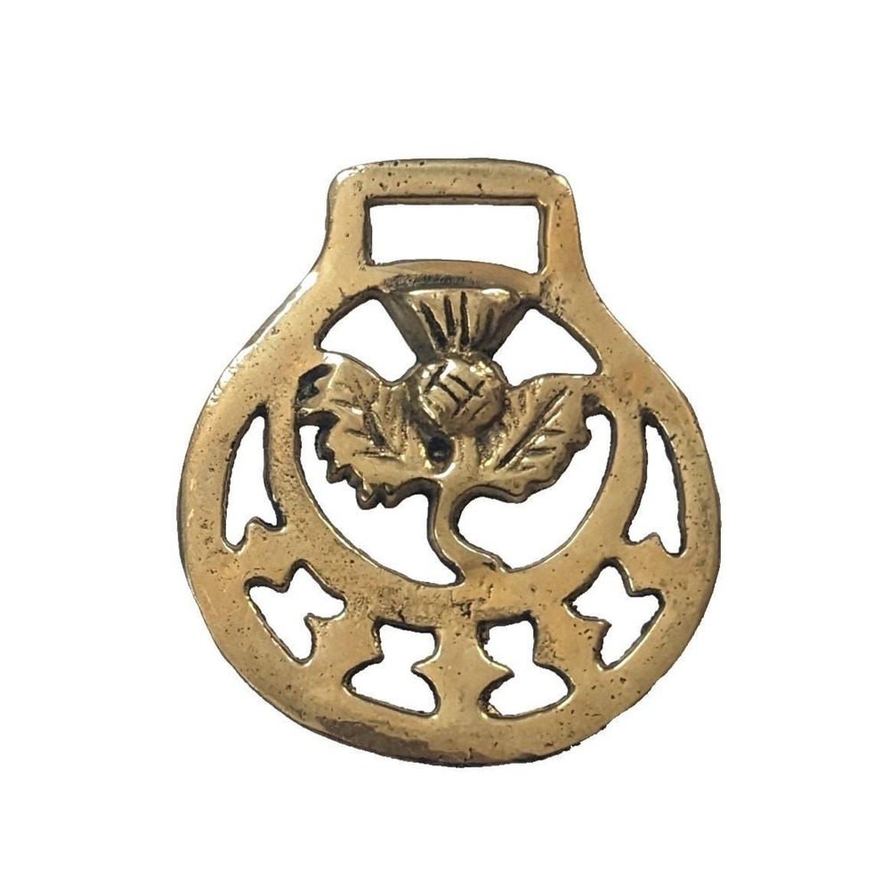 Vintage Brass Horse Medallion Scottish Scotch Thistle Flower Harness Tack 3.25"